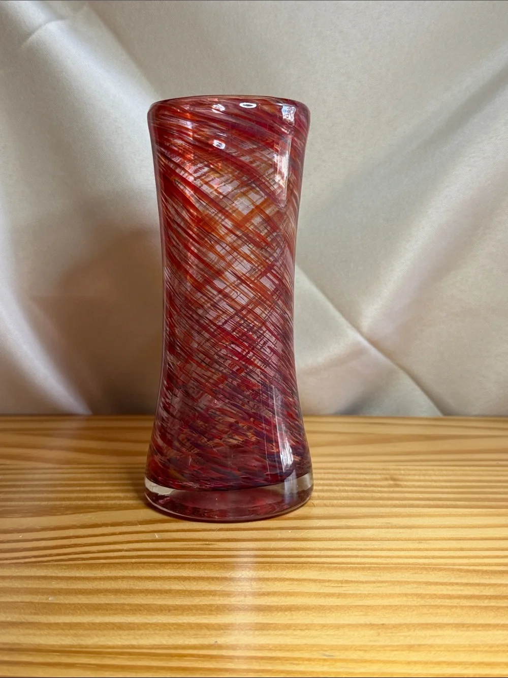 Vintage Studio Art Glass Flared Vase Red Orange Purple Woven Swirl 7.5